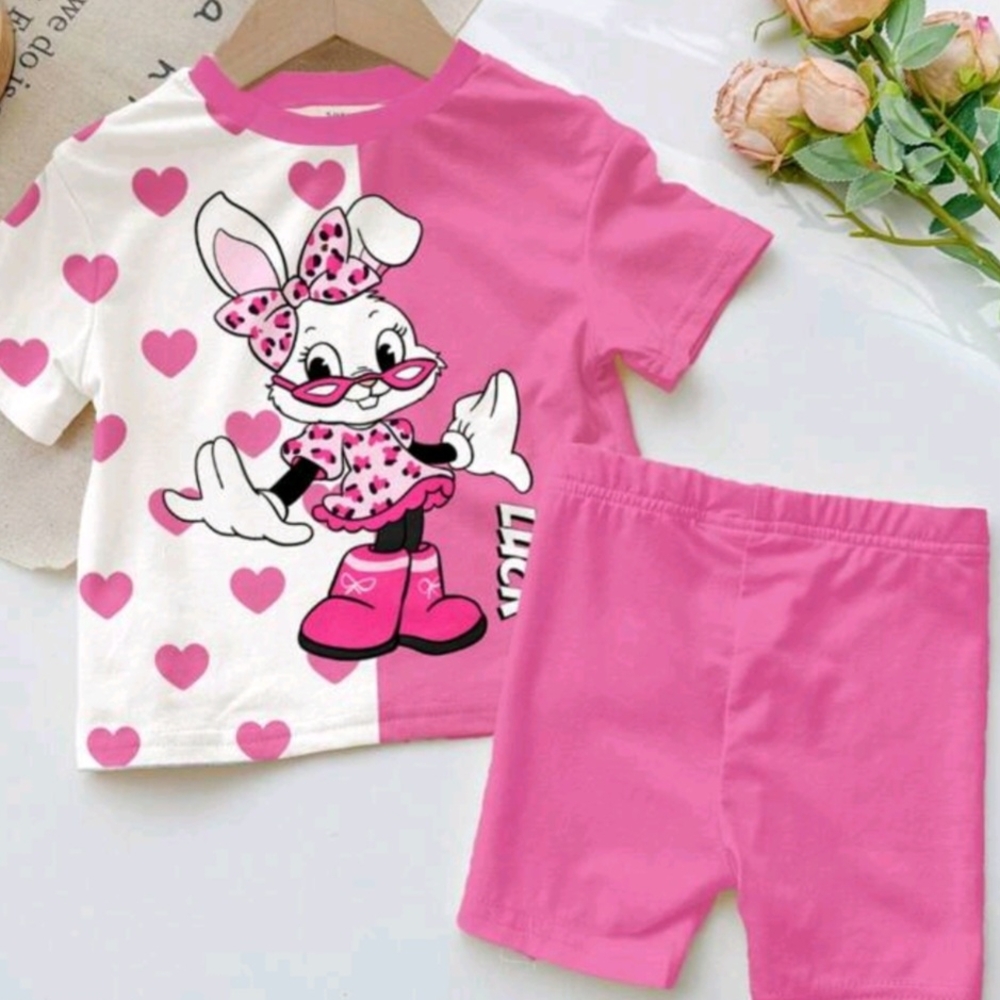 SHEIN Pink and White Bunny Pajama Set